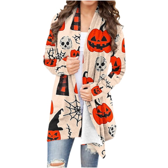 Fengactive Womens Halloween Cardigan Open Front Long Sleeve Duster Coat All Over Print Pattern Loose Fit Fall Wear
