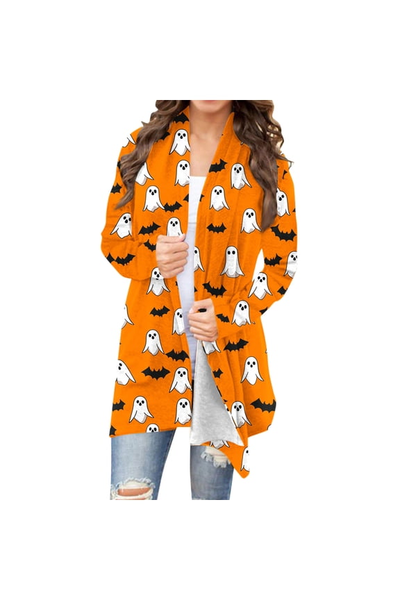 Womens Halloween Cardigan Open Front Long Sleeve Duster Coat All Over Print Pattern Loose Fit Fall Wear
