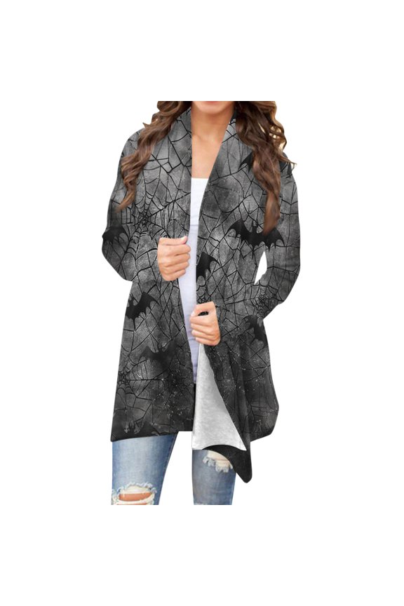 Womens Halloween Cardigan Open Front Long Sleeve Duster Coat All Over Print Pattern Loose Fit Fall Wear