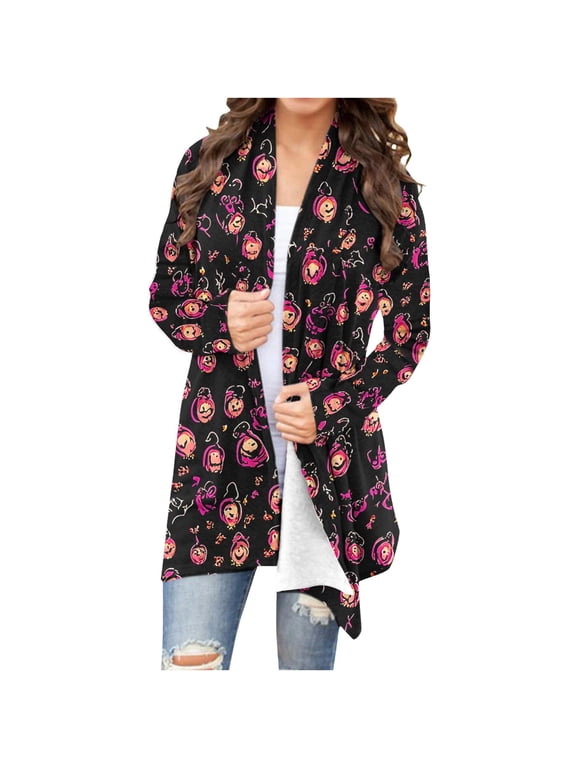 Womens Halloween Cardigan Open Front Long Sleeve Duster Coat All Over Print Pattern Loose Fit Fall Wear
