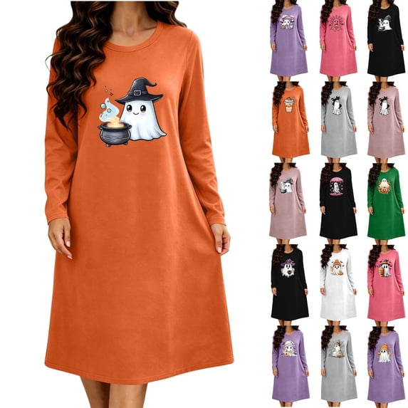 Fengactive Womens Halloween Nightgown Long Sleeve Crew Neck Sleep Dress with Festive Holiday Graphic Print