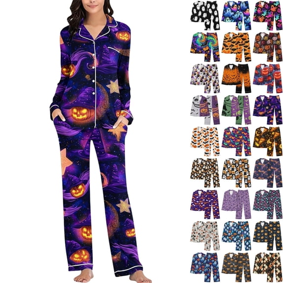 Fengactive Womens Halloween Pajama Set Long Sleeve Button Down Top with Pockets and Matching Lounge Pants