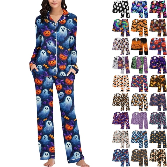Fengactive Womens Halloween Pajama Set Long Sleeve Button Down Top with Pockets and Matching Lounge Pants