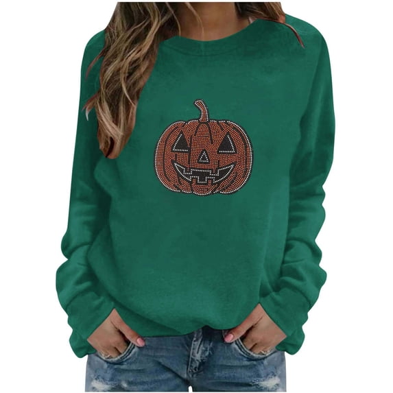 QINGFSAP Womens Halloween Rhinestone Sweatshirt Long Sleeve Crewneck Pullover Top Sparkly Ghost Design Loose Fall Wear