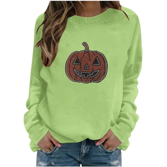 QINGFSAP Womens Halloween Rhinestone Sweatshirt Long Sleeve Crewneck Pullover Top Sparkly Ghost Design Loose Fall Wear
