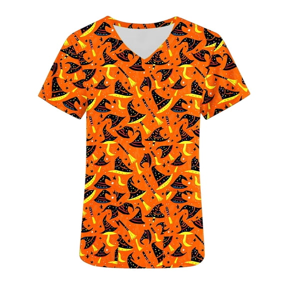 Fengactive Womens Halloween Scrub Top V Neck Short Sleeve Workwear All Over Print Uniform with Pockets Loose Scrub Top