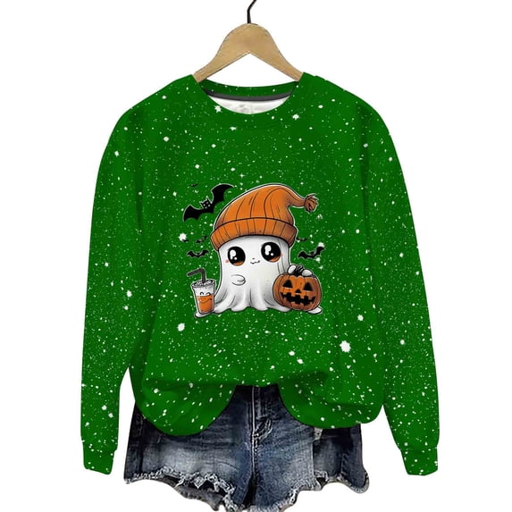 QINGFSAP Womens Halloween Sweatshirt Fleece Lined Long Sleeve Crewneck Top Speckled Graphic Print Loose Fit Fall Wear
