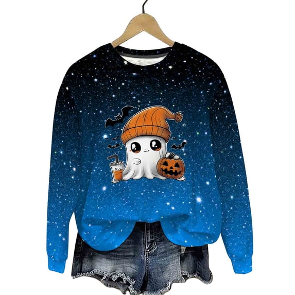 Fengactive Womens Halloween Sweatshirt Fleece Lined Long Sleeve Crewneck Top Speckled Graphic Print Loose Fit Fall Wear