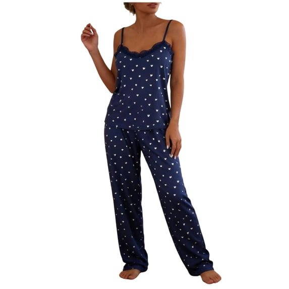 QINGFSAP Womens Heart Print Lounge Set Lace Trim Spaghetti Strap Top and Long Pants Sleepwear