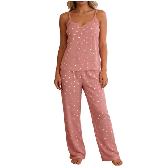 QINGFSAP Womens Heart Print Lounge Set Lace Trim Spaghetti Strap Top and Long Pants Sleepwear
