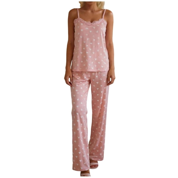 Fengactive Womens Heart Print Lounge Set Lace Trim Spaghetti Strap Top and Long Pants Sleepwear