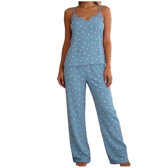 QINGFSAP Womens Heart Print Lounge Set Lace Trim Spaghetti Strap Top and Long Pants Sleepwear