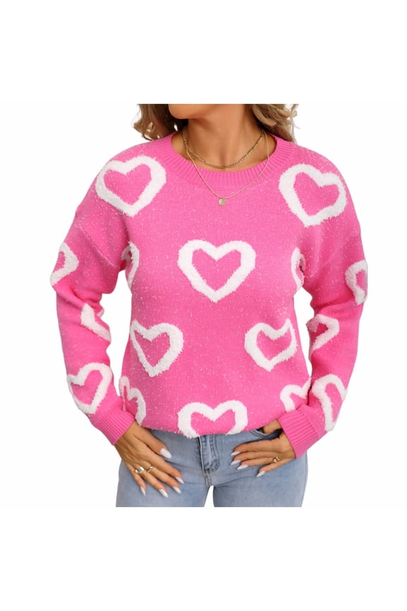 Womens Heart Pullover Sweater Casual Round Neck Long Sleeve Knit Tops Fall Winter Clothes