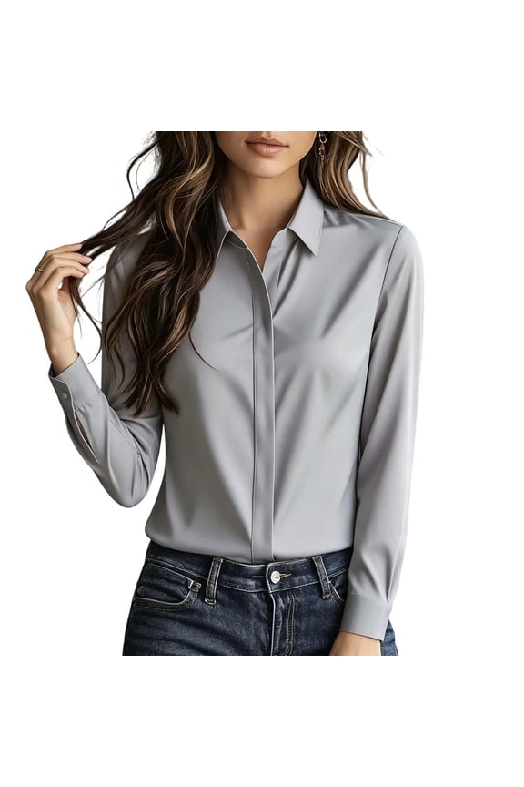 Womens Hidden Button Down Shirt Concealed Placket Collared Long Sleeve Blouse Casual Office Work Top