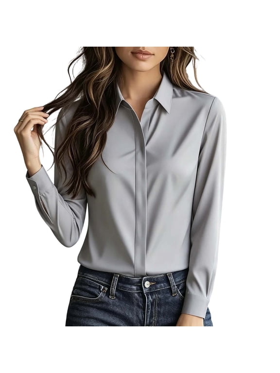 Womens Hidden Button Down Shirt Concealed Placket Collared Long Sleeve Blouse Casual Office Work Top