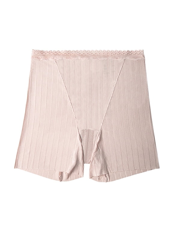 Womens High Rise Seamless Breathable Boyshorts Ribbed Knit Lace Trim V Stitching Panties Underwear