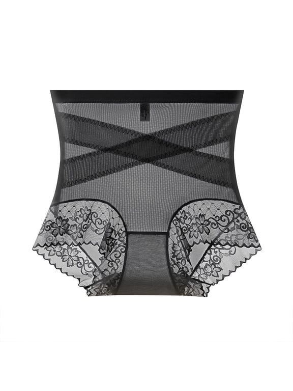 Womens High Rise Seamless Shaping Briefs Sheer Mesh Crisscross Stitching Floral Lace Trim Panties