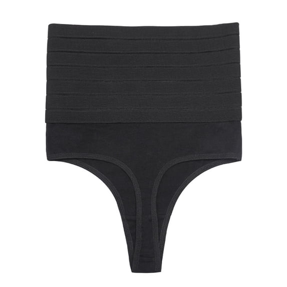 QINGFSAP Womens High Rise Seamless Thong Panties Striped Waistband Tummy Control Lifting Shaping Underwear