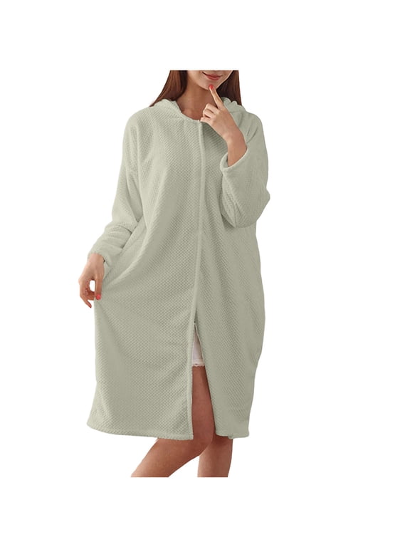 Womens Hooded Bathrobe Long Sleeve Snap Button Front Quick Dry Absorbent Lounge Wear