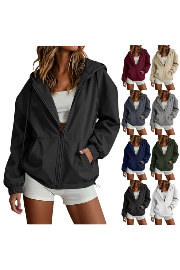 Womens Hooded Coat Drawstring Hem Adjustable Cuff Drop Shoulder with Pockets Lightweight Jacket