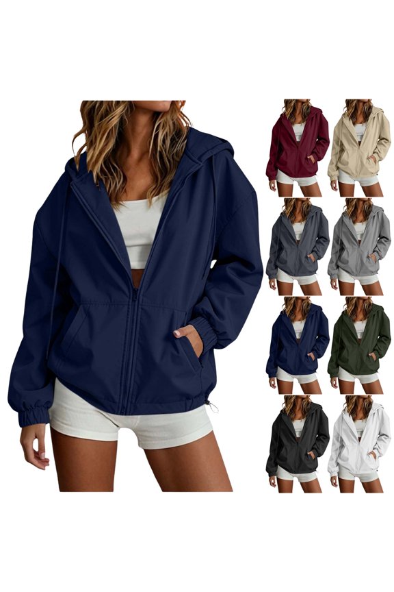 Womens Hooded Coat Drawstring Hem Adjustable Cuff Drop Shoulder with Pockets Lightweight Jacket