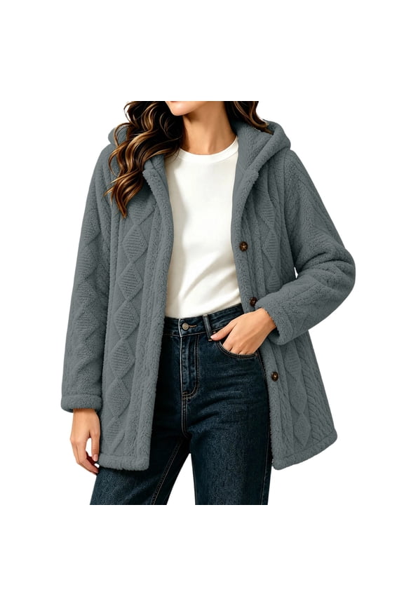 Womens Hooded Plush Jacket Quilted Diamond Pattern Button Down Casual Winter Coat