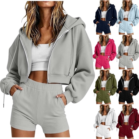 QINGFSAP Womens Hoodie and Shorts Set Long Sleeve Pullover with Shorts 2 Piece Casual Fall Winter Outfit