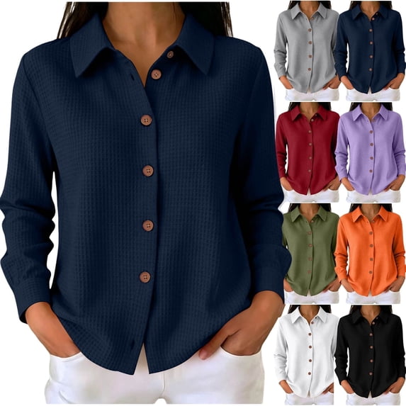 Fengactive Womens Knit Button Down Shirt Long Sleeve Collared Blouse Casual Loose Fit Tunic Top