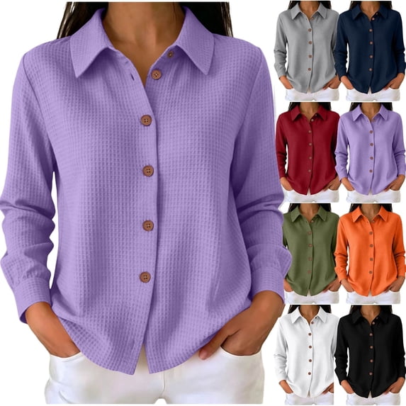 Fengactive Womens Knit Button Down Shirt Long Sleeve Collared Blouse Casual Loose Fit Tunic Top