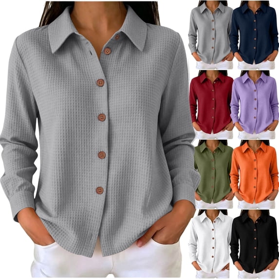 Fengactive Womens Knit Button Down Shirt Long Sleeve Collared Blouse Casual Loose Fit Tunic Top