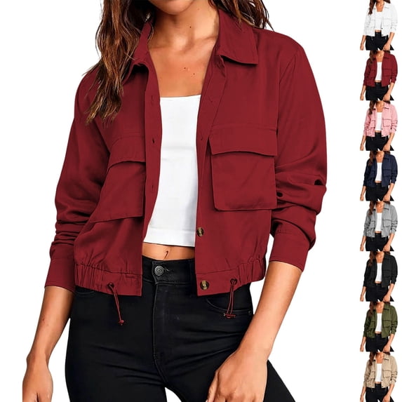 QINGFSAP Womens Lapel Button Front Jacket Long Sleeve Outdoor Casual with Pockets Lightweight Top