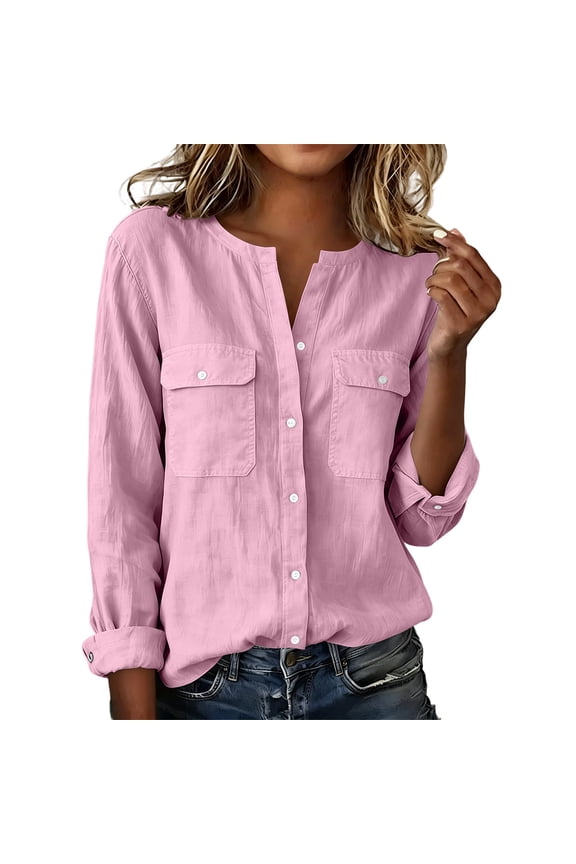 Womens Linen Blend Button Down Shirt Split V Neck Flap Pockets Long Sleeve Relaxed Fit Casual Summer Top