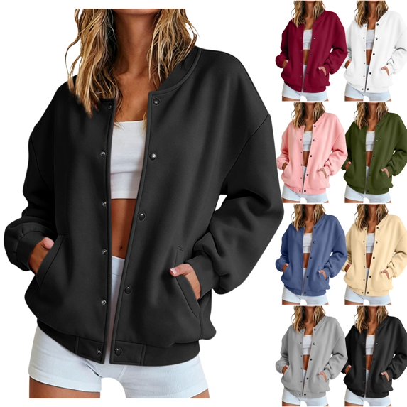 QINGFSAP Womens Long Sleeve Baseball Jacket Button Up with Pockets Drop Shoulder Color Block Casual Coat