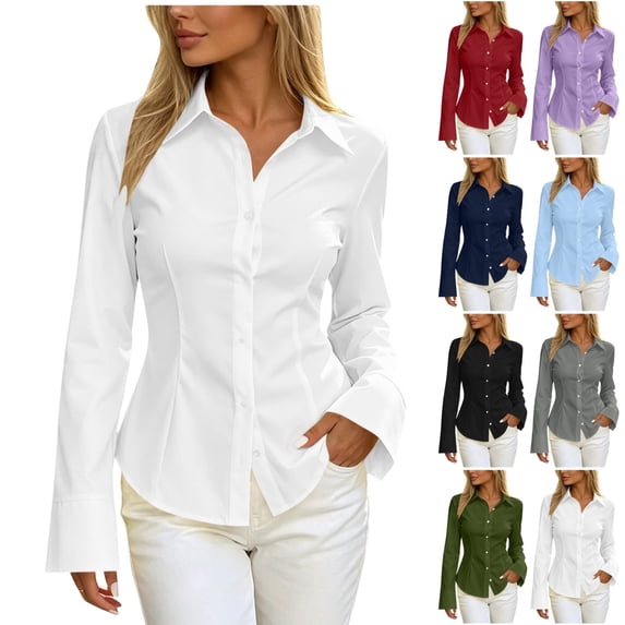 Fengactive Womens Long Sleeve Button Down Shirt Collared Casual Blouse Open Front Cardigan