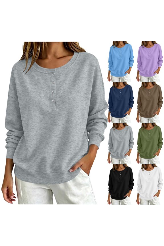 Womens Long Sleeve Crewneck Sweatshirt Button Snap Closure Loose Fit Casual Fall Winter Top