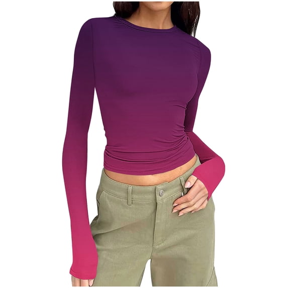 Fengactive Womens Long Sleeve Gradient T Shirts Fashion Basic Crop Tops Going Out Outfits Clothes