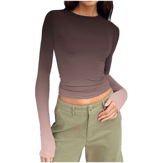 Fengactive Womens Long Sleeve Gradient T Shirts Fashion Basic Crop Tops Going Out Outfits Clothes