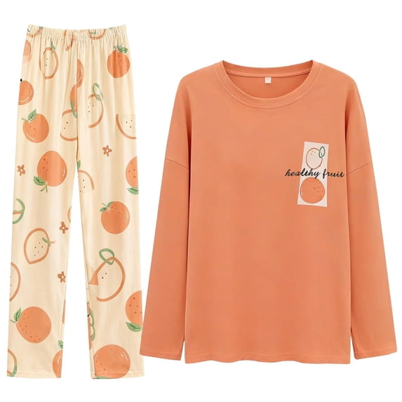 QINGFSAP Womens Long Sleeve Pajama Set Round Neck Solid Top and Floral Print Pants with Contrast Patch Pocket Lounge Sleepwear