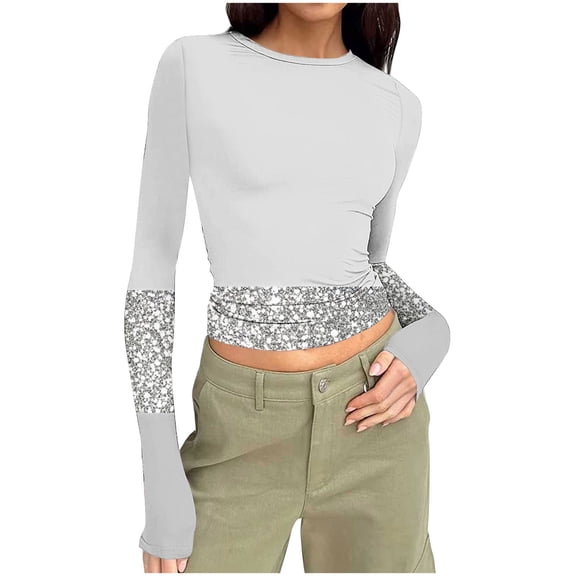 Fengactive Womens Long Sleeve T Shirts Glitter Sequin Fashion Basic Crop Tops Going Out Outfits Clothes