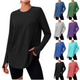 thumbnail image 1 of QINGFSAP Womens Long Sleeve Workout Shirt Round Neck Tunic with Thumb Holes Curved Hem Athletic Top, 1 of 8