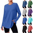 thumbnail image 1 of QINGFSAP Womens Long Sleeve Workout Shirt Round Neck Tunic with Thumb Holes Curved Hem Athletic Top, 1 of 8