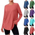 thumbnail image 1 of QINGFSAP Womens Long Sleeve Workout Shirt Round Neck Tunic with Thumb Holes Curved Hem Athletic Top, 1 of 8