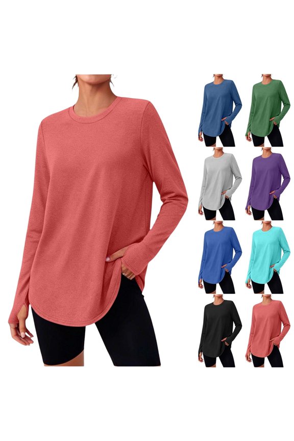 Womens Long Sleeve Workout Shirt Round Neck Tunic with Thumb Holes Curved Hem Athletic Top