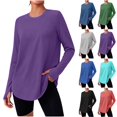 thumbnail image 1 of QINGFSAP Womens Long Sleeve Workout Shirt Round Neck Tunic with Thumb Holes Curved Hem Athletic Top, 1 of 8