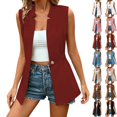thumbnail image 1 of QINGFSAP Womens Long Sleeveless Blazer V Neck Waist Cincher Casual Business Coat, 1 of 8
