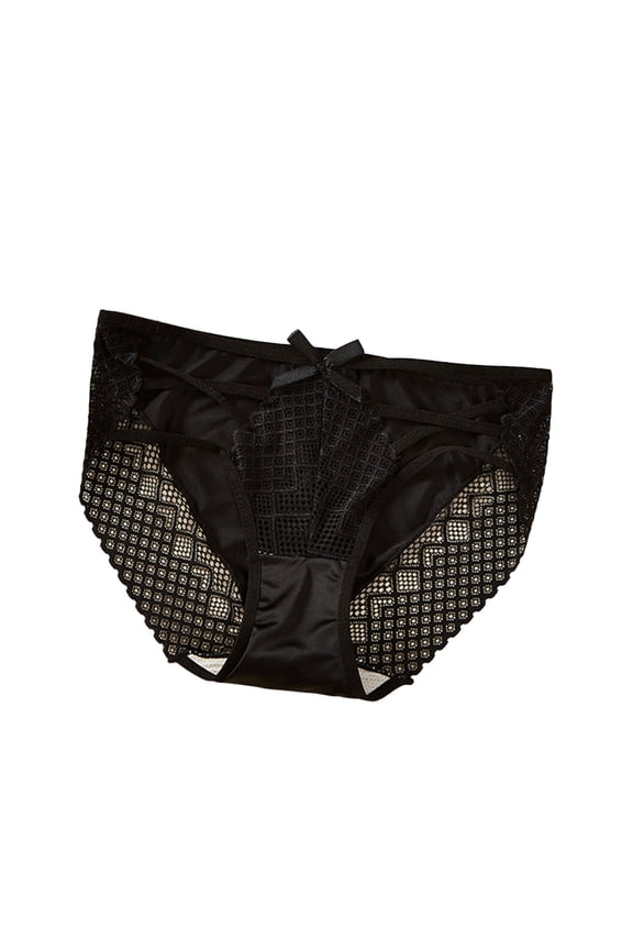 Womens Low Rise Bikini Panties Geometric Lace Mesh Panels Crisscross Strap Detail Bow Underwear