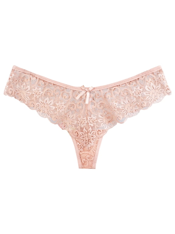 Womens Low Rise Lace Thong Panties Scalloped Trim Floral Sheer Mesh Underwear Bow Detail Thongs