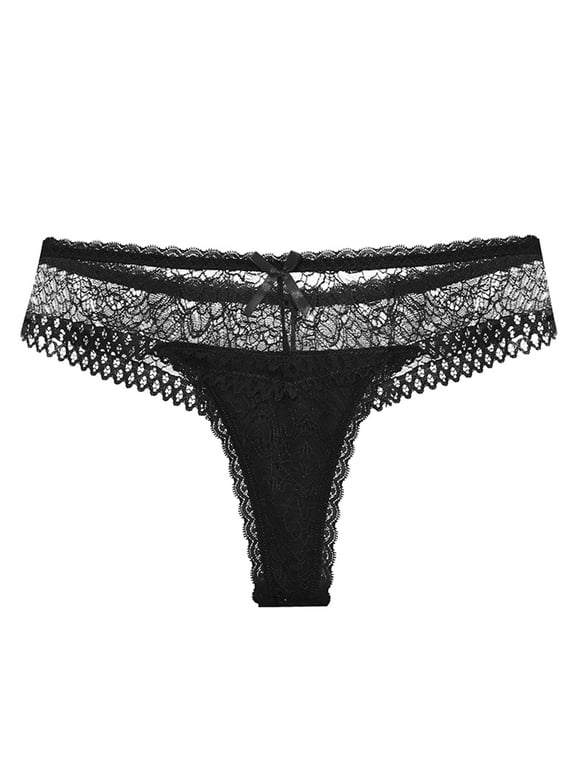 Womens Low Rise Lace Thong Panties Sheer Scalloped Trim Underwear Bow Detail Thongs for Women