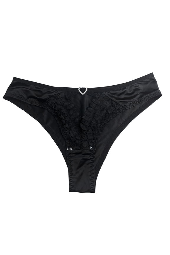 Womens Low Rise Satin Bikini Panties Lace Mesh Panel Underwear Rhinestone Heart Detail Thongs Women