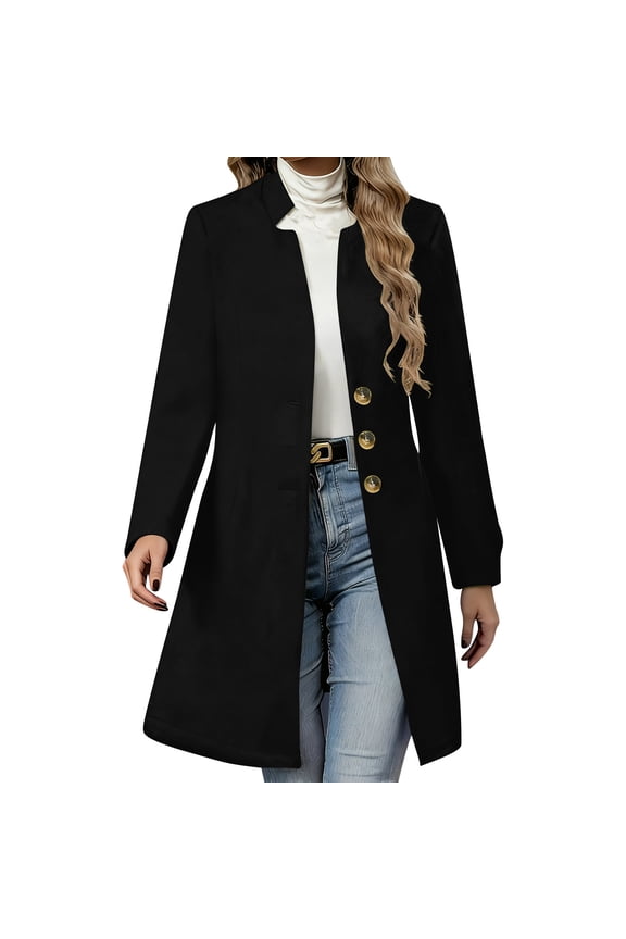 Womens Mid-Long Coat Solid Color Stand Collar Overcoat 2025 Winter Fashion Single Breasted Coats